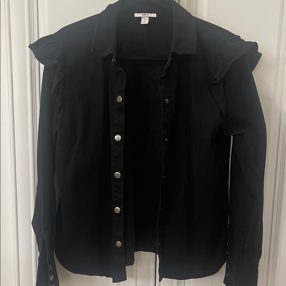 Bar III long sleeve button-down collared ruffle shoulder jacket shirt sz L - Picture 3 of 16